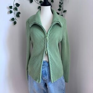 Green Lapel Collar Long Sleeve Sweater Double Zip Size M Y2K Cleo